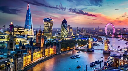 The City of London and the river Thames at night, London cityscape, UK 