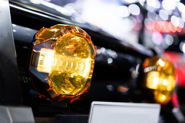 LED fog lights, fog spotlights installed on the bumper of off-road vehicles. On the background bokeh light