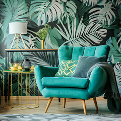 "Elegant Living: Green Living Room with Turquoise Sofa and Leaf Wallpaper"