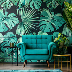 "Elegant Living: Green Living Room with Turquoise Sofa and Leaf Wallpaper"