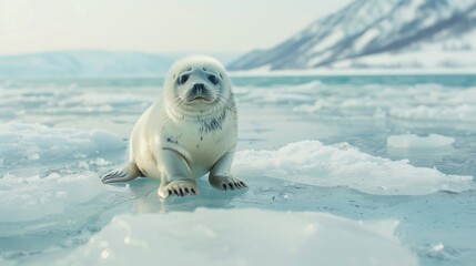 A young Baikal seal pup rests on a patch of ice, gazing curiously at the camera. The pup's soft, white fur contrasts with the blue-tinged ice and the distant snowy mountains
