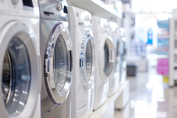 Row of modern washing machines displayed in a store with blurred background. Home appliances, laundry, shopping, retail store, household items, consumer electronics, home improvement.