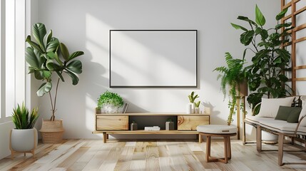 Blank TV screen in a modern living room with wooden furniture and plants, daylight ambiance, interior design concept.
