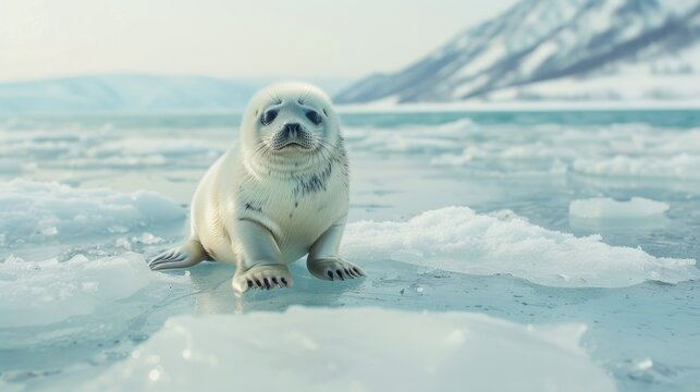 A young Baikal seal pup rests on a patch of ice, gazing curiously at the camera. The pup's soft, white fur contrasts with the blue-tinged ice and the distant snowy mountains