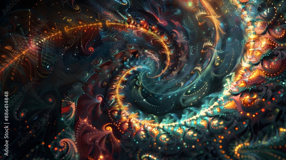 Poster complex fractal patterns with vibrant hues, offering a futuristic and captivating visual.