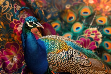 Fototapeta premium Majestic Indian Peacock in Vibrant Sarees Displaying Colorful Feathers | Exotic Bird with Intricate Plumage Patterns