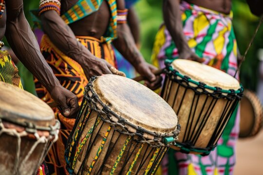 A group of individuals in Africa, playing drums together in a rhythmic and energetic manner, Drums beating in celebration