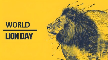World lion day poster with text world lion day with yellow background, flat illustration