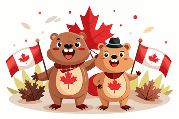 Happy Cartoon Bears Celebrating Canada Day