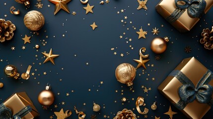 Christmas decorations featuring gold ornaments and presents against a blue background, ideal for festive marketing materials or holiday-themed designs