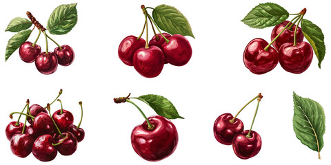 Set of Cherries illustration, isolate on transparent background