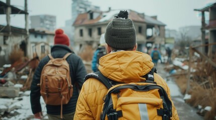 Obraz premium A group of individuals with backpacks walks through a damaged and desolate urban area, with collapsed buildings and debris surrounding them, hinting at an apocalyptic event.