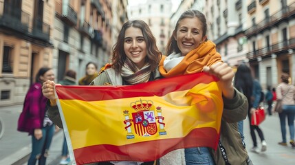 Two spanish cheerful woman friends holding a Spain flag on madrid city street