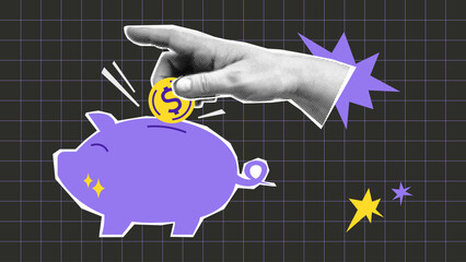 Collage piggy bank and halftone hand with coin and shapes. Saving money and financial planning metaphor composition. Business concept vector pop art retro style illustration. 