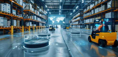 Automated warehouse with robotic forklifts and digital interface displaying world map. Smart logistics, AI, AGVs, supply chain management, Industry 4.0, futuristic technology.