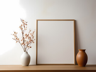 Minimalistic interior with blank wooden frame, white vase with cherry blossoms, and brown ceramic pot on a wooden shelf.