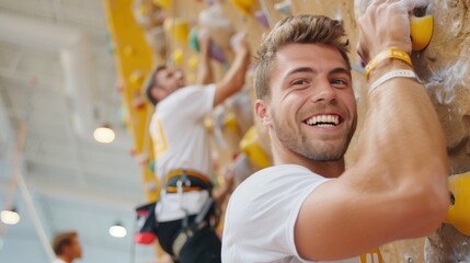 A man, smiling and climbing an indoor rock wall, surrounded by friends also engaging in the activity, capturing the essence of fitness and teamwork.