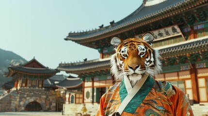 Majestic South Korean Tiger in Hanbok Standing Proudly at Traditional Korean Palace