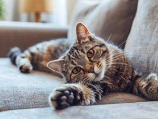 A domestic cat is lying on the top of a sofa or couch, possibly relaxing or sleeping