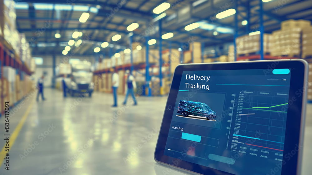 Poster tablet showing delivery tracking application in a warehouse with workers and stacked cardboard boxes