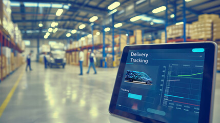 Tablet showing delivery tracking application in a warehouse with workers and stacked cardboard boxes. Logistics management, supply chain tracking, inventory control, real-time shipping updates.