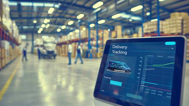 Tablet showing delivery tracking application in a warehouse with workers and stacked cardboard boxes. Logistics management, supply chain tracking, inventory control, real-time shipping updates. - Powered by Adobe