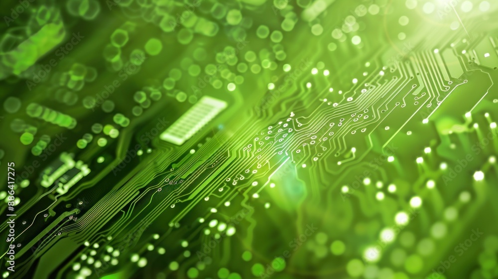 Poster bright green circuit board with intricate patterns shining.