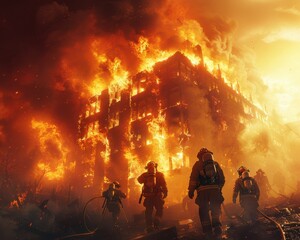 Intense Firefighters Rescue Mission at Burning Building - Hyper-Realistic Scene of Bravery and Courage in 8K Resolution