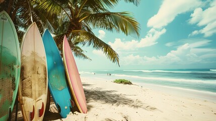 Tranquil row of surfboards on dream beach. Palms at beach travel. 