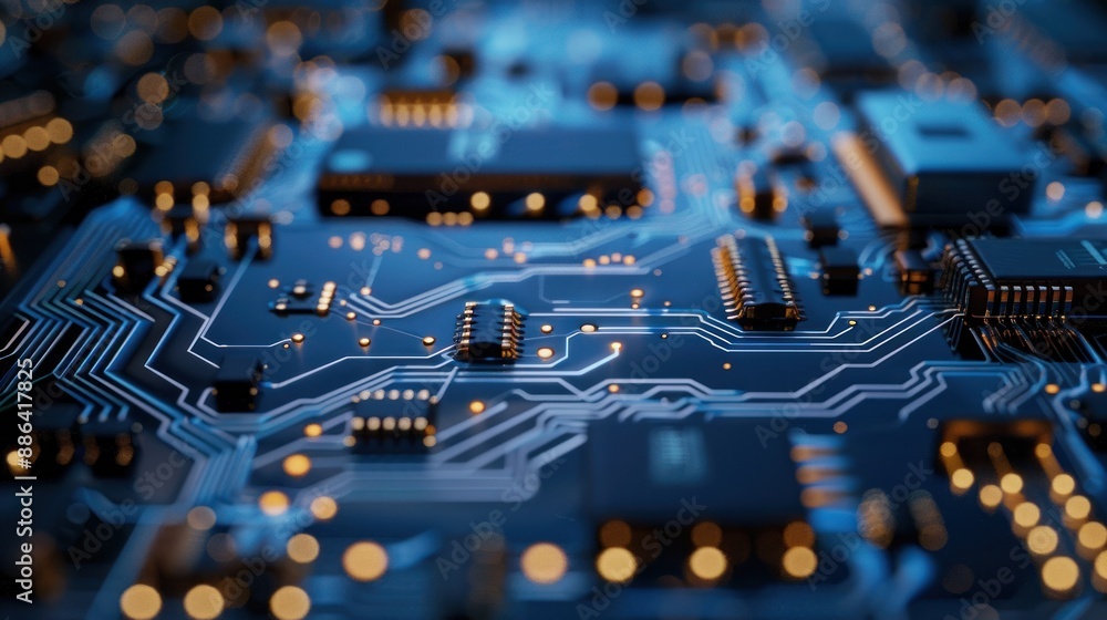 Poster high-tech circuit board with glowing circuitry and chips.