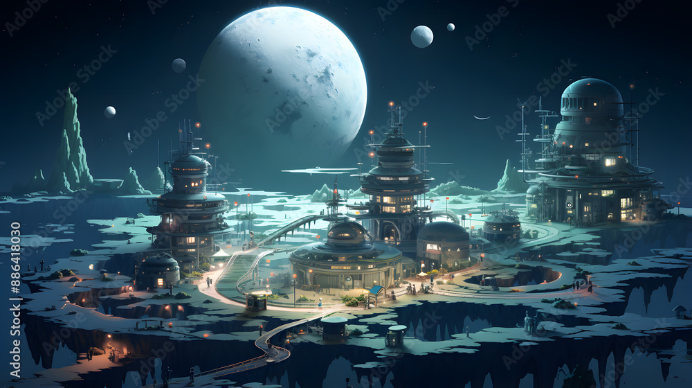 Poster a futuristic city built on a series of floating islands in space, illuminated by the glow of a nearb