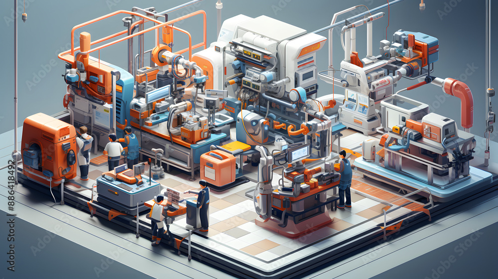 Poster a futuristic, isometric illustration of a smart factory with robots and workers collaborating seamle