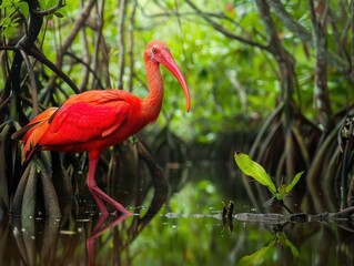 Majestic Trinidadian Scarlet Ibis in Traditional Dress Amidst Mangrove Swamp