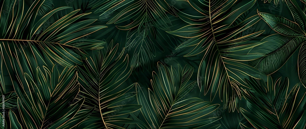 Poster a seamless pattern of an elegant dark green background with a delicate outline of palm leaves, creat