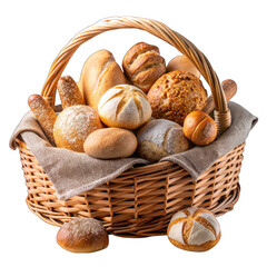 Composition with bread and rolls in wicker basket isolated on transparent background