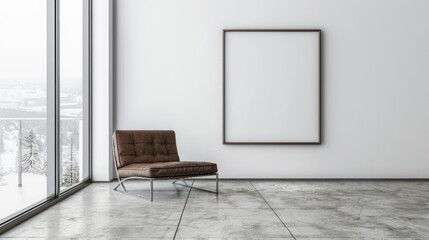 Modern lounge area with a large window and blank frame.