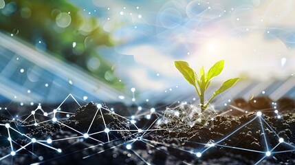 small plant sprouting from the soil, enveloped by digital connections and data points, set against a background of solar panels and green energy waves, highlighting sustainable practices