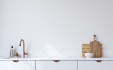 Interior mockup. Modern white kitchen. 3d render.