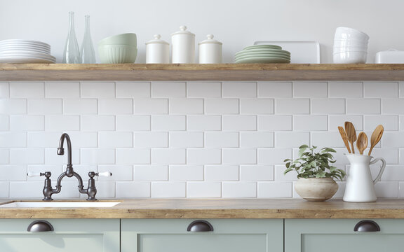 Farmhouse kitchen. Interior mockup. 3d render.