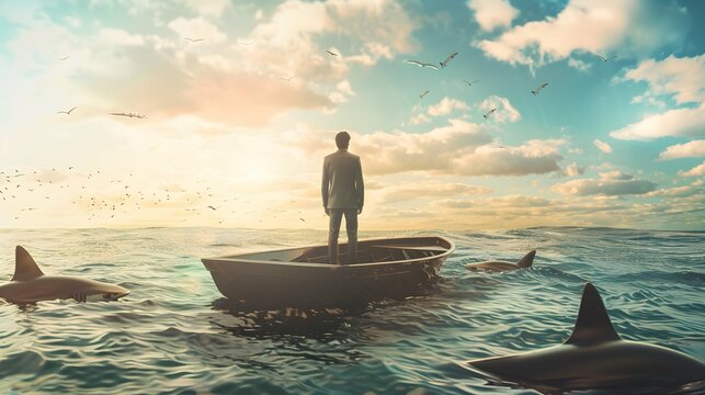 Thoughtful young businessperson on boat standing and looking at surrounding sharks. Mock up place on bright sky with clouds background. Boss and risk concept.