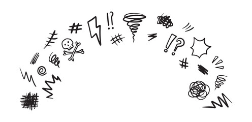 Hand drawn swearing icons in cartoon sketch stile. Simple doodle elements for concept design
