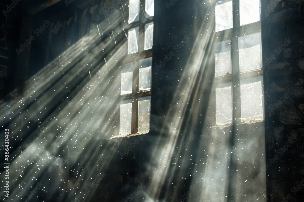Aufkleber beams of sunlight shining through a window in an ancient building, with dust motes floating in the a
