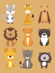 Obraz premium A set of cute animal faces with a yellow background. The animals are all different sizes and colors, including a lion, a giraffe, a bear, and a monkey