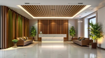 Obraz premium Modern reception area with wooden decor and greenery