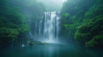 Tranquil Waterfall in Lush Greenery with Mist, Rainbow, and Rainy Season Vibe | Minimalistic Nature Landscape in 8k Resolution for Text Overlay