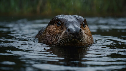 Duck-billed Platypus animal swimming in the water
