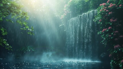 Fototapeta premium Serene Rainforest Waterfall: Minimalistic Hyper-realism with Rain, Fog, Rainbow, and Negative Space for Text. 8K Resolution Nature Scene.