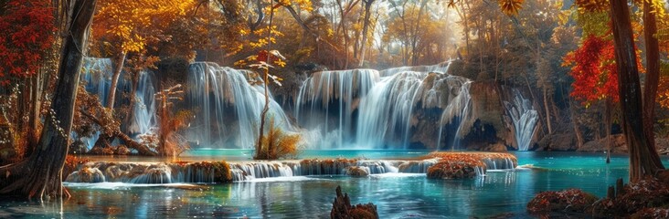 Obraz premium Tranquil Waterfall in Autumn Forest