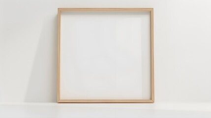 thin light wooden picture frame, blank white canvas on white beige empty plain background