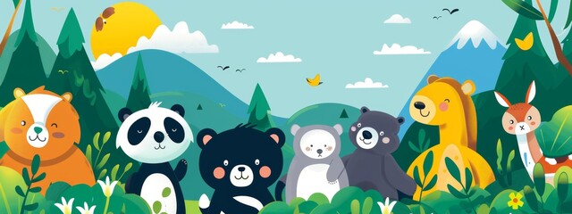 Naklejka premium A group of animals are standing in a forest, including a panda, a bear, a lion, and a deer